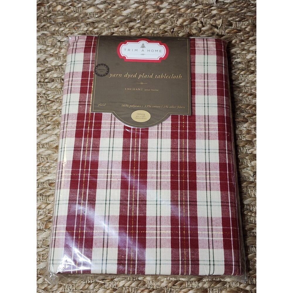 Vintage Trim A Home Yarn Dyed Plaid Tablecloth Red Beige Gold Oblong 60" x 102"